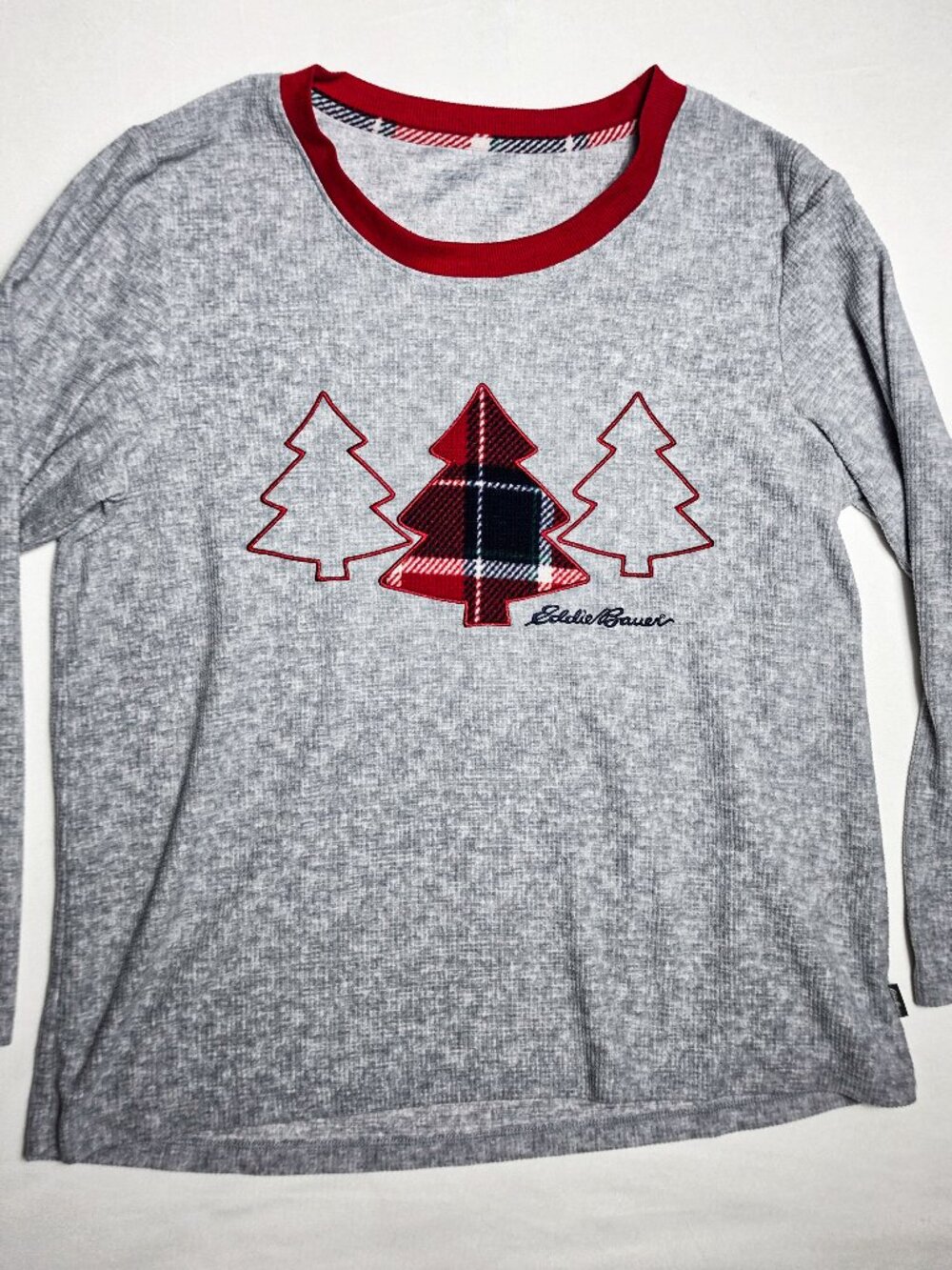 Large Eddie Bauer Mens Gray waffle thermal pajama top plaid christmas trees holi